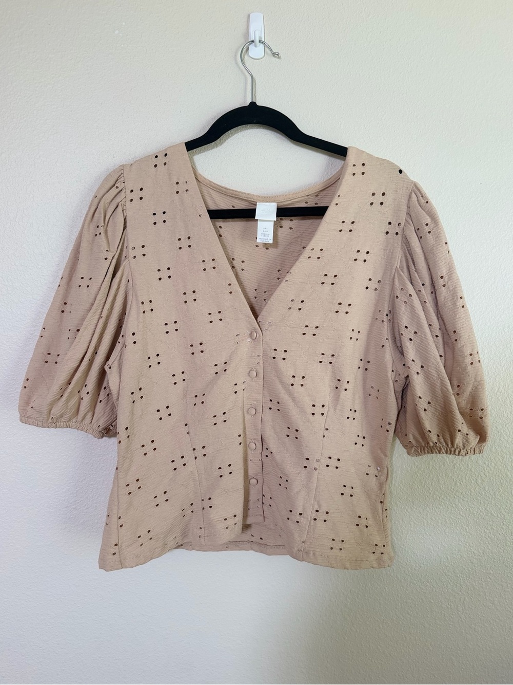 Beige Eyelet V-Neck Button Front Blouse